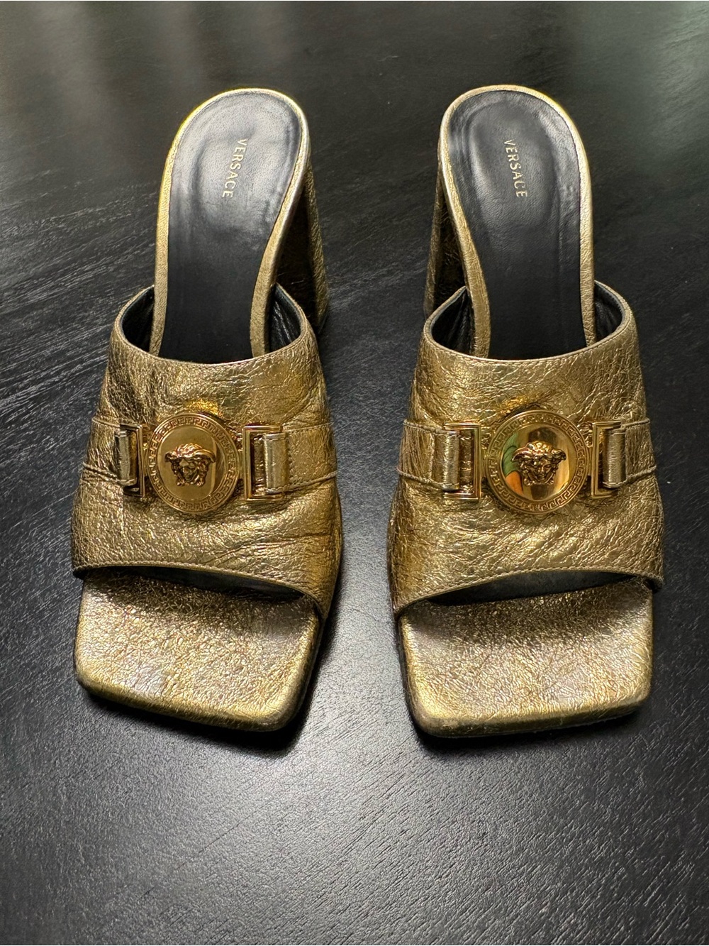 Versace Gold Metallic Medusa Buckle High Heel Mules size 38